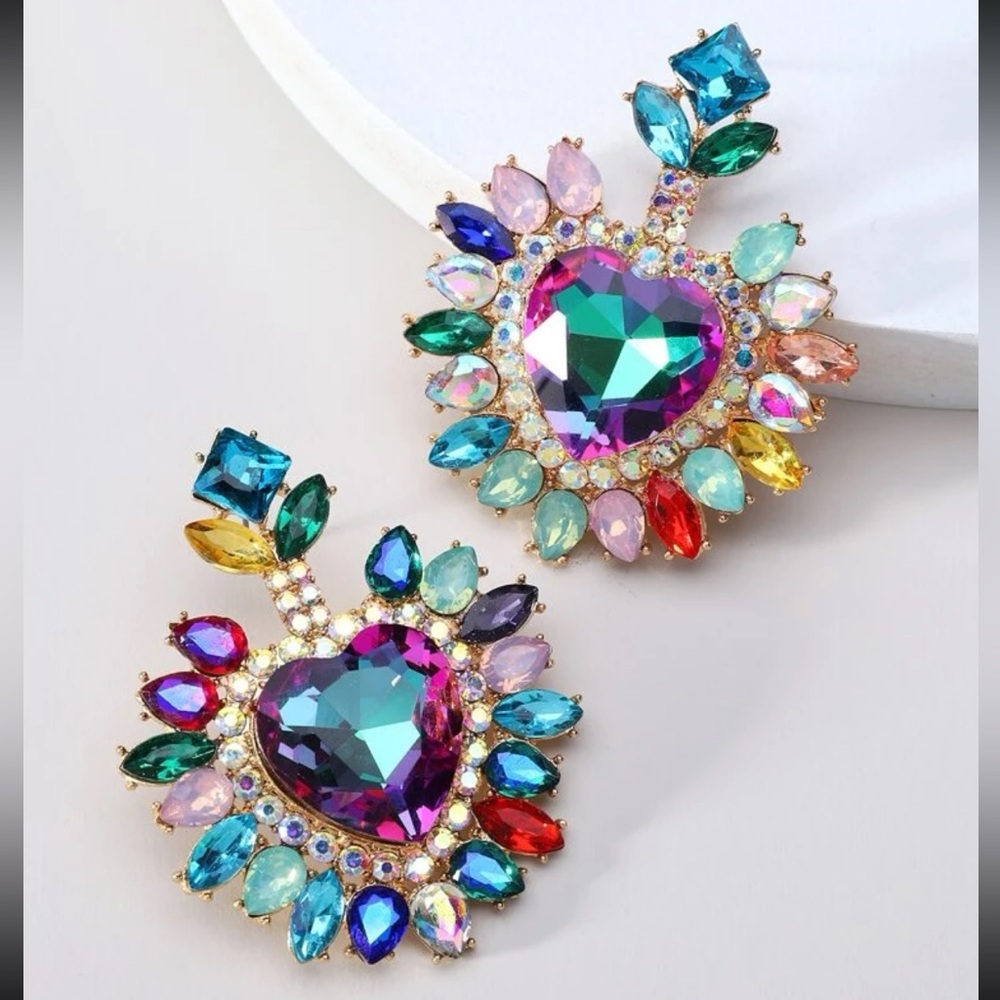 Colorful rhinestone heart shaped earrings